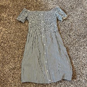 Navy and white striped off the shoulder dress